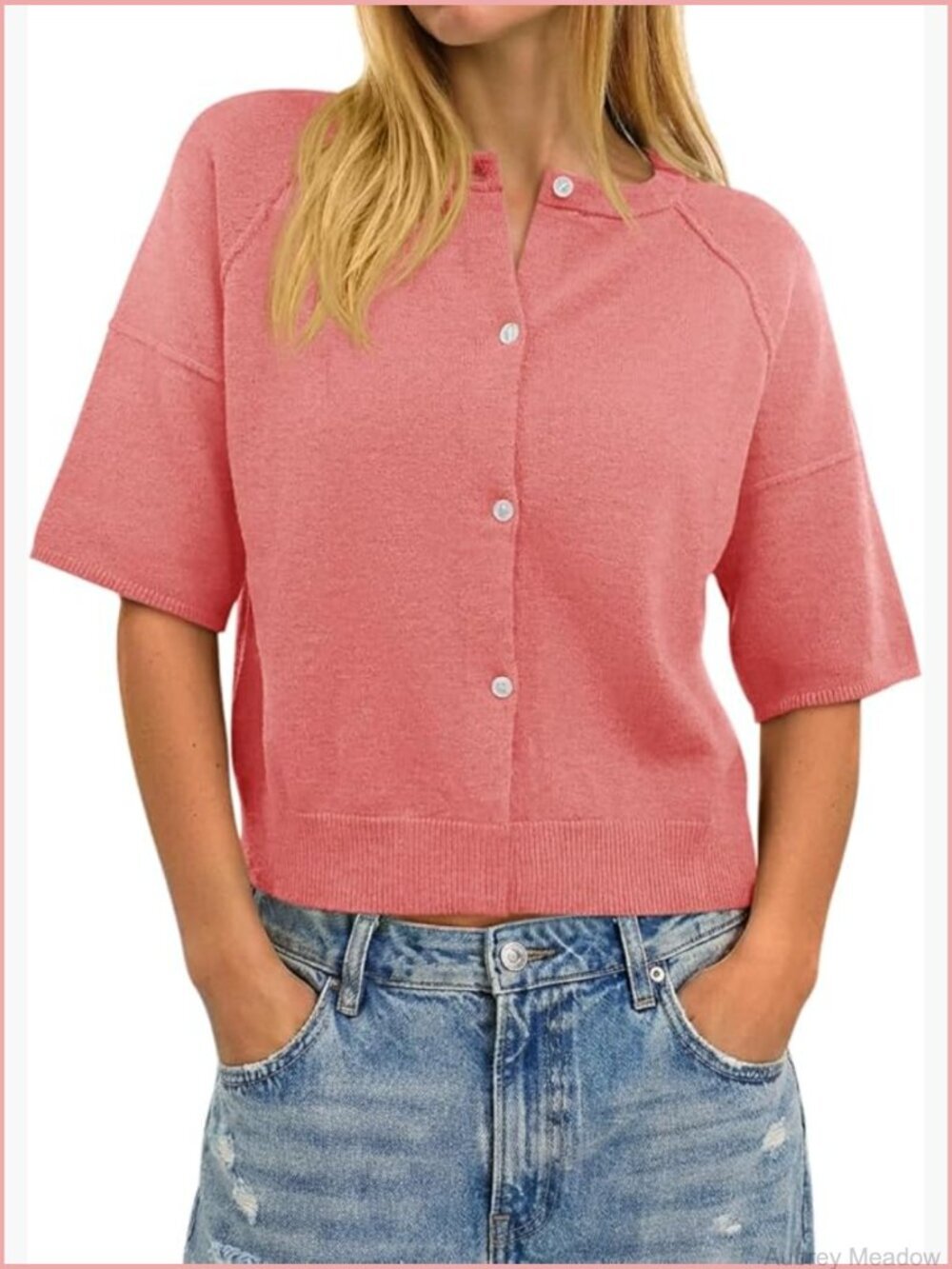 Crop Ribbed Knit Cardigan Short Sleeve Button Down Lightweight